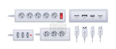 Illustration for Usb Charges, Socket Plug Types Include Type A, Type B, Type C, Type D, And Type G. Each Type Has Specific Prong Configurations And Is Used In Different Regions Worldwide. Cartoon Vector Illustration - Royalty Free Image
