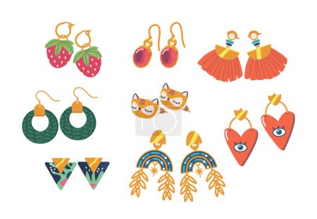 Illustration for Stylish And Versatile Earrings Set, Perfect For Any Occasion. Features A Variety Of Designs, Shapes, And Sizes, Adding A Touch Of Elegance And Charm To Any Outfit. Cartoon Vector Illustration - Royalty Free Image