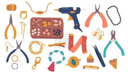 Ilustración de Conjunto completo de accesorios y herramientas, para la fabricación y reparación de joyas. Incluye una variedad de instrumentos y equipos esenciales para la elaboración versátil y eficiente. Ilustración de vectores de dibujos animados - Imagen libre de derechos
