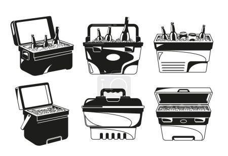 Illustration for Portable Refrigerators Containers For Storing And Cooling Food And Beverages Isolated Black Icons Set. Items For Picnics, Camping, And Road Trips, Offering Freshness On The Go. Vector Illustration - Royalty Free Image