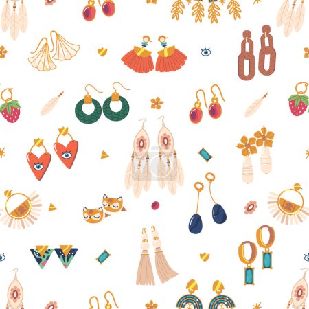 Illustration for Elegant And Intricate Seamless Pattern Showcasing Various Styles Of Earrings. A Beautiful Blend Of Colors And Designs, Perfect For Fashion Enthusiasts And Jewelry Lovers. Cartoon Vector Illustration - Royalty Free Image