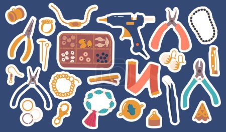 Illustration for Set of Stickers with Jewelry Fittings And Tools, Instruments and Items for Jewelry Making And Repairs, Includes Pliers, Cutters, Box and Beads with Glue Gun. Cartoon Vector Illustration, Patches - Royalty Free Image