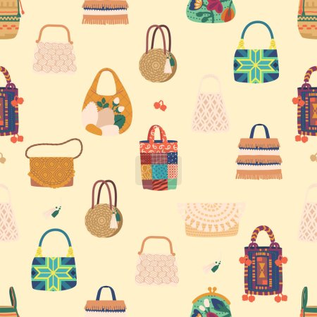 Illustration for Seamless Pattern with Vibrant Ethnic Bags. Lively And Colorful Repeated Design Featuring A Variety Of Traditional Bags From Different Cultures, Custom Made Ethnic Bags. Cartoon Vector Illustration - Royalty Free Image