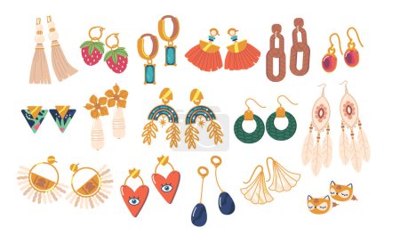 Illustration for Stylish And Versatile Earrings Set Featuring A Variety Of Designs, Perfect For Any Occasion. Crafted With Attention To Detail Add A Touch Of Elegance And Glamour To Outfit. Cartoon Vector Illustration - Royalty Free Image