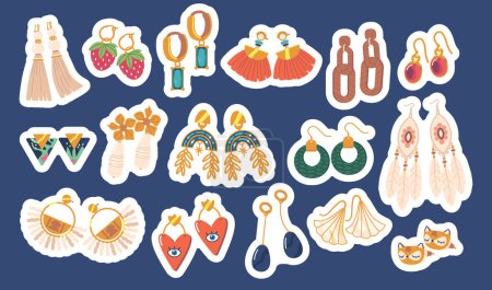 Illustration for Set of Stickers with Stylish Earrings For Any Occasion. Female Accessories Add A Touch Of Elegance And Glamour To Your Look. Strawberry, Fox, Hearts and Abstracts Bijouterie. Cartoon Vector Patches - Royalty Free Image