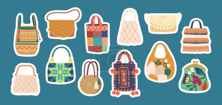 Illustration for Exquisite Ethnic Bags Isolated Stickers Set. Unique Patterns And Vibrant Colors Perfect For Adding Touch Of Cultural Elegance To Style. Ethnic, Macrame, Custom or Handmade Accessories, Vector Patches - Royalty Free Image