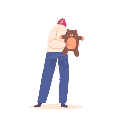 Illustration for Woman Holds A Teddy Bear Toy, Female Character Face Radiating Joy And Comfort, Creating A Heartwarming Scene That Evokes Nostalgia And The Warmth Of Companionship. Cartoon People Vector Illustration - Royalty Free Image