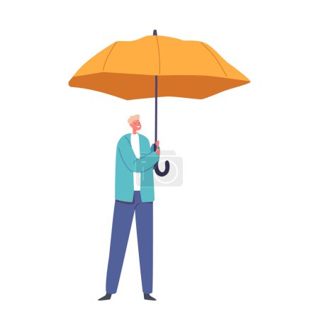 Illustration for Young Boy Character Holding Open Yellow Umbrella Sheltered From The Rain, His Face Peering Out With A Sense Of Curiosity And Protection Isolated on White Background. Cartoon People Vector Illustration - Royalty Free Image