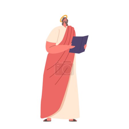 Illustration for Jesus Stands With Notes In Hands, Leading A Celestial Choir In Harmonious Choral Singing, Emanating Divine Energy And Inspiring Awe And Reverence. Cartoon People Vector Illustration - Royalty Free Image