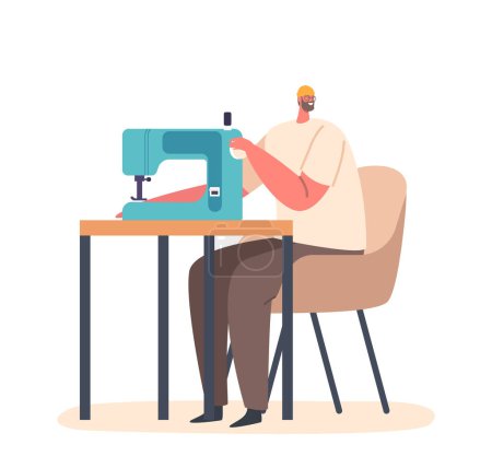 Illustration for Skilled Male Operating A Sewing Machine With Precision, Focused On His Craft, Creating Beautiful Garments And Textiles With Expertise And Attention To Detail. Cartoon People Vector Illustration - Royalty Free Image