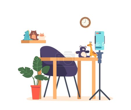 Illustration for Streamer Workplace with Table, Various Plush Toys and Smartphone on Holder for Recording Video Tutorials and Master Classes. Toys Sewing or Developing Games Streams. Cartoon Vector Illustration - Royalty Free Image