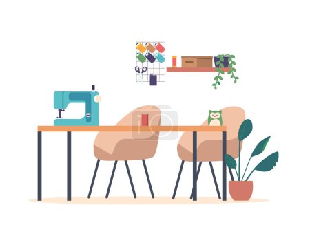 Illustration for Cozy, Organized, And Filled With Sewing Machines, And Crafting Supplies. Sewing Studio Interior Offers A Peaceful Environment For Crafting And Designing Handmade Creations. Cartoon Vector Illustration - Royalty Free Image
