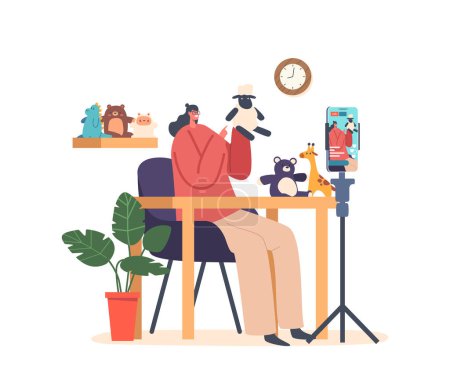 Illustration for Streamer Perform Handmade Toys Sitting at Table with Smartphone on Holder, Recording Video Tutorials and Master Classes, Toys Sewing Lessons or Developing Games Streams. Cartoon Vector Illustration - Royalty Free Image