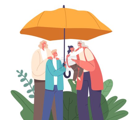 Illustration for Family Characters Under An Umbrella Symbolizes The Concept Of Protection And Unity, Ensuring Safety, Support, And Togetherness During Both Sunny And Stormy Times. Cartoon People Vector Illustration - Royalty Free Image