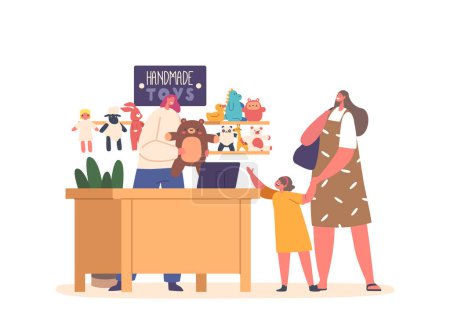 Kind fordert Mutter auf, handgemachtes Spielzeug im Geschäft zu kaufen, Wunsch auszudrücken und elterliche Hilfe bei der Erfüllung ihres Wunsches zu suchen. Cartoon People Vektor Illustration mit Familienfiguren