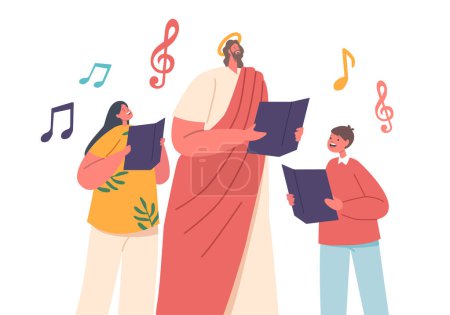 Illustration for Jesus Character Surrounded By Joyful Children, Singing Chorals With Notes In Their Hands. A Heartwarming Scene Capturing Innocence, Faith, And The Power Of Music. Cartoon People Vector Illustration - Royalty Free Image