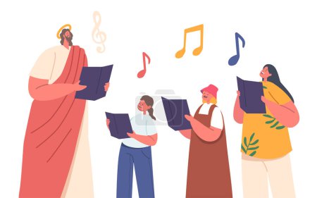 Illustration for Jesus And Children Sing Chorals With Notes In Hands, Spreading Joy And Harmony. Melodies Fill The Air As Their Voices Unite, Creating A Beautiful Symphony Of Faith And Innocence. Vector Illustration - Royalty Free Image