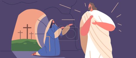 Illustration for Maria Magdalena Character Encountered Jesus In A Cave Following His Resurrection, Experiencing A Powerful And Transformative Meeting That Forever Changed Her Life. Cartoon People Vector Illustration - Royalty Free Image