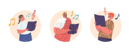 Illustration for Isolated Round Icons Jesus And Children Sing Chorals, Holding Notes In Their Hands. Joyful Melodies Fill The Air As They Unite In Harmonious Worship And Celebration. Cartoon People Vector Illustration - Royalty Free Image