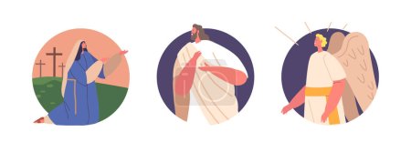 Illustration for Isolated Round icons with Maria Magdalena, Angel and Jesus Resurrection Miraculous Event Where He Was Raised From The Dead, Signifying Victory Over Death And Providing Hope. Vector Illustration - Royalty Free Image