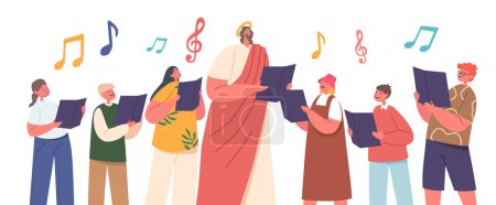Illustration for Jesus And Children Sing Joyfully, Holding Chorals With Notes In Their Hands. Harmonious Melodies Fill The Air, Symbolizing Unity, Innocence, And The Power Of Music. Cartoon People Vector Illustration - Royalty Free Image