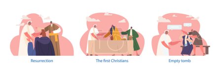 Illustration for Isolated Elements with Jesus Resurrection Scenes. Messiah Reunites With His Apostles, Bringing Hope And Reaffirming His Divine Mission To Spread The Message Of Love. Cartoon People Vector Illustration - Royalty Free Image
