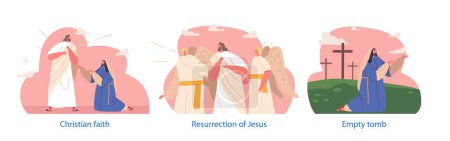 Illustration for Isolated Elements with Jesus Resurrection Scenes. Pivotal Event In Christianity, It Signifies Jesus Rising From The Dead, Defeating Death, And Offering Eternal Life To Believers. Vector Illustration - Royalty Free Image