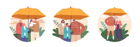 Ilustración de Iconos redondos aislados con familia bajo los escudos de protección de paraguas Los seres queridos de la lluvia, el sol, los cambios climáticos inesperados. Ofrece una cobertura confiable, asegurando el confort. Dibujos animados Gente Vector Ilustración - Imagen libre de derechos
