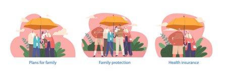 Ilustración de Simbolizando la protección y la seguridad, los elementos aislados muestran a la familia feliz reunida bajo un paraguas, encarnando la esencia del seguro, los planes y la seguridad. Dibujos animados Gente Vector Ilustración - Imagen libre de derechos