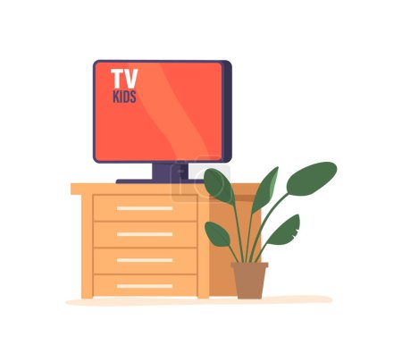 Illustration for Tv Set With Tv Kids Title Standing In Room. Modern Entertainment Centerpiece, Enhancing The Room With Its Vibrant Screen, Captivating Visuals, And Immersive Audio. Cartoon Vector Illustration - Royalty Free Image