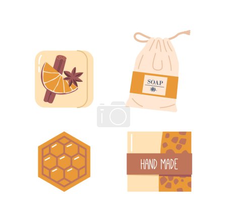 Illustration for Handmade Artisanal Soap Crafted With Natural Ingredients And Traditional Methods, Provide And Gentle Cleansing Experience For Skin. Honey, Cinnamon and Citrus Flavors. Cartoon Vector Illustration - Royalty Free Image