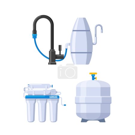 Ilustración de Filtro de agua de ósmosis eficiente que purifica y limpia el agua mediante la utilización de presión osmótica para eliminar impurezas y contaminantes, asegurando agua potable segura y refrescante. Ilustración vectorial - Imagen libre de derechos