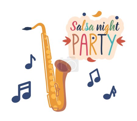 Ilustración de Banner de fiesta nocturna de salsa con instrumento de viento de latón saxófono conocido por su sonido suave y conmovedor, toca en varios géneros, incluido jazz, latino, clásico y pop. Ilustración de vectores de dibujos animados - Imagen libre de derechos