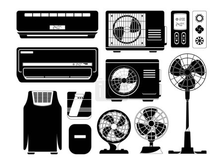 Illustration for Air Conditioners, Fans Black Icons Set. Conditioning, Home And Industrial Ventilation System. Climate Control Split Units, Air Duct Vent, Wall And Floor Fans With Remote Control. Vector Illustration - Royalty Free Image