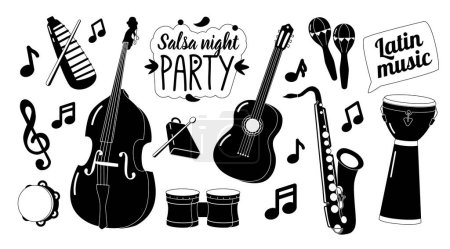 Illustration for Set of Black Icons Instruments for Playing Latino Music. Contrabass, Guitar, Drums, Saxophone and Tambourine for Lively And Rhythmic Latin American Music. Monochrome Pictograms, Vector Illustration - Royalty Free Image