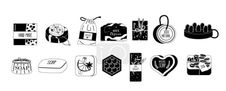 Illustration for Set of Black Icons Artisan-crafted Soap Made With Natural Ingredients such as Honey, Coffee, Lavender, Herbs and Flowers, Formulated For A Luxurious Bathing Experience. Cartoon Vector Illustration - Royalty Free Image