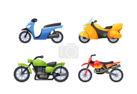 Illustration for Diverse Collection Of Motorcycles, Featuring A Range Of Styles And Models For Motorcycle Enthusiasts And Riders Seeking Variety And Options For Their Riding Experiences. Cartoon Vector Illustration - Royalty Free Image