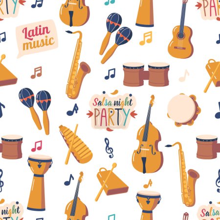 Illustration for Vibrant Seamless Pattern Showcasing Various Latino Music Instruments In A Lively And Rhythmic Design, Capturing The Essence Of Latin American Music And Culture. Cartoon Vector Illustration - Royalty Free Image