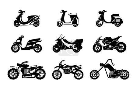 Illustration for Set Of Black Motorcycle Icons Representing Different Styles And Types Of Bikes. Perfect For Enthusiasts, Motorbike-themed Designs And Visual Representations Of Speed And Adventure. Vector Illustration - Royalty Free Image
