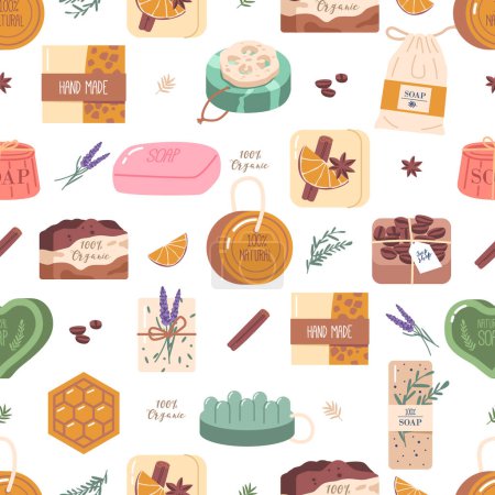 Illustration for Handmade Soap Seamless Pattern, Repeating Design Featuring Beautifully Crafted Artisanal Soaps, Adding A Touch Of Elegance And Luxury To Any Product Or Packaging. Cartoon Vector Illustration - Royalty Free Image