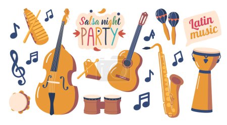 Illustration for Set of Instruments for Playing Latino Music. Contrabass, Guitar, Drums, Saxophone and Tambourine Embody The Soulful Essence Of Lively And Rhythmic Latin American Music. Cartoon Vector Illustration - Royalty Free Image