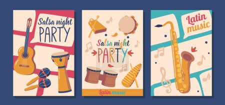 Illustration for Vibrant Latin Music Posters Showcasing The Energy And Passion Of Latin Music Culture. Colorful Designs Featuring Iconic Instruments, Perfect For Fans And Collectors Alike. Cartoon Vector Illustration - Royalty Free Image
