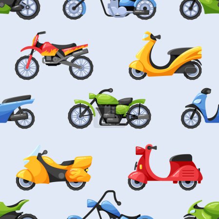 Illustration for Seamless Pattern With Motorcycles. Energetic And Dynamic Design Showcasing Various Motorcycles In A Repeating Tile Background, Perfect For Motorcycle Enthusiasts or Boys. Cartoon Vector Illustration - Royalty Free Image