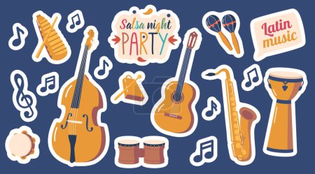 Illustration for Set of Stickers Instruments for Playing Latino Music. Contrabass, Guitar, Drums, Saxophone and Tambourine, Clef and Musical Notes Isolated Patches. Latin American Music. Cartoon Vector Illustration - Royalty Free Image