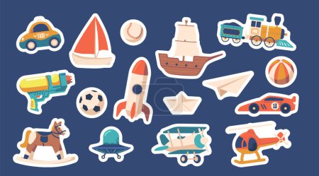 Illustration for Set of Stickers Boy Toys Car, Ship, Ball and Ufo Saucer. Rocking Horse, Rocket, Helicopter and Airplane with Train, Perfect For Imaginative Play And Fostering Creativity. Cartoon Vector Patches - Royalty Free Image