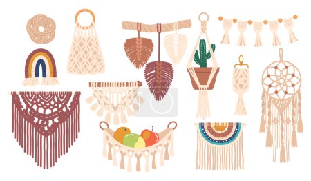 Collection Of Macrame Decor Pieces, Intricately Handcrafted With Knots And Natural Fibers, Adding Bohemian Charm To Any Space. Pot Holder, Wall Hanger, Dream Catcher. Cartoon Vector Illustration
