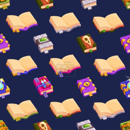 Illustration for Enchanting Seamless Pattern Featuring Magic Books, Casting A Spell Of Wonder And Mystery. Perfect For Fantasy-themed Designs And Capturing The Imagination. Cartoon Vector Illustration - Royalty Free Image