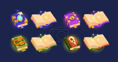 Illustration for Enchanting Collection Of Magic Books Filled With Spells, Secrets And Mystical Knowledge. Unlock The Realms Of Wonder And Unleash Your Imagination With This Captivating Set. Cartoon Vector Illustration - Royalty Free Image