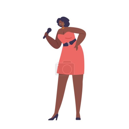 Illustration for African Woman Singer on Stage with Microphone Singing Song in Jazz Band or Music Performance. Isolated Black Vocalist Female Character Entertaining Concert Show. Cartoon People Vector Illustration - Royalty Free Image
