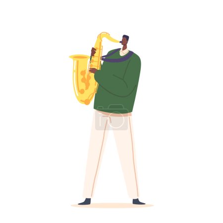 Caractère masculin africain jouant du saxophone isolé sur fond blanc. Joueur de saxophone soufflant composition musicienne. Musique Jazz Band Entertainment, Concert. Illustration vectorielle des personnages de bande dessinée